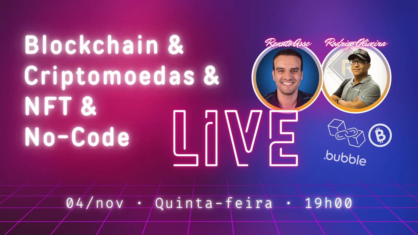No-Code, Blockchain, Criptomoedas, NFT – Live com expert