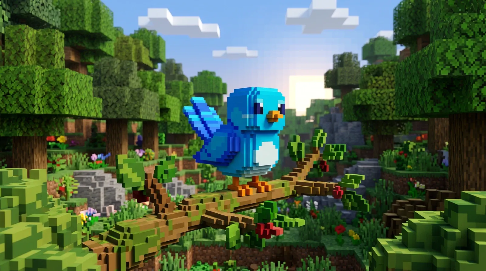 Pássaro azul em estilo voxel art, feito de cubos.