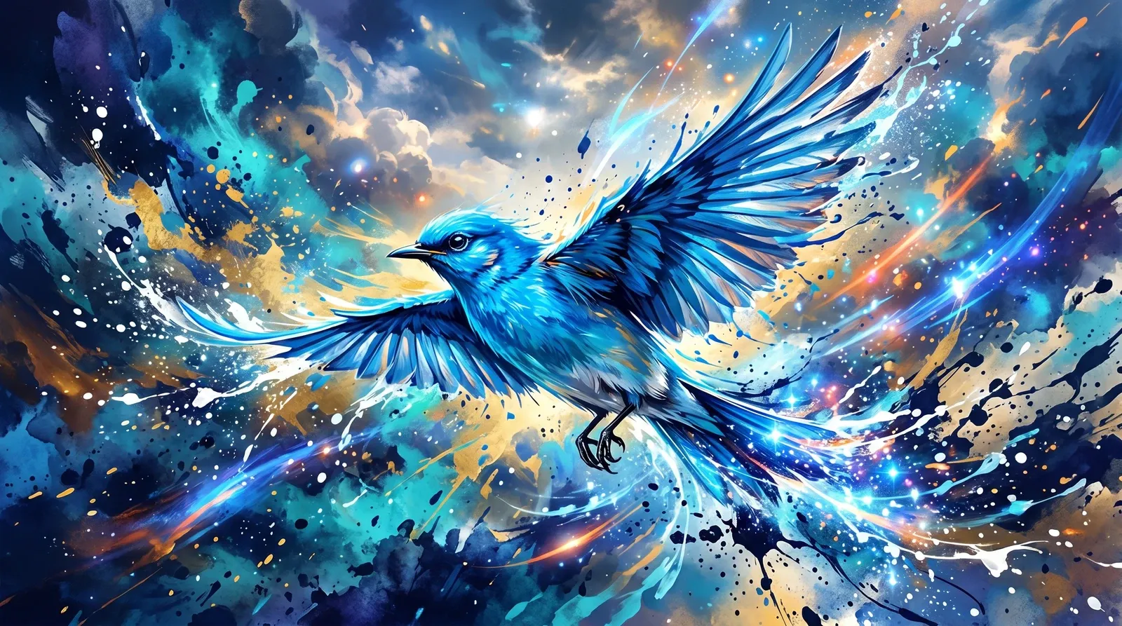 Pássaro azul em splash art dinâmica.