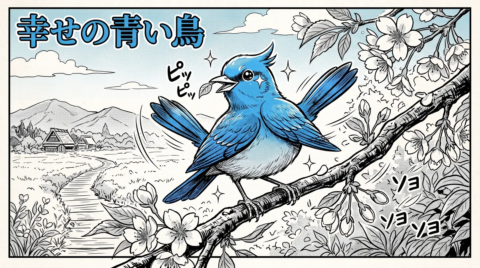 Pássaro azul em estilo mangá preto e branco.