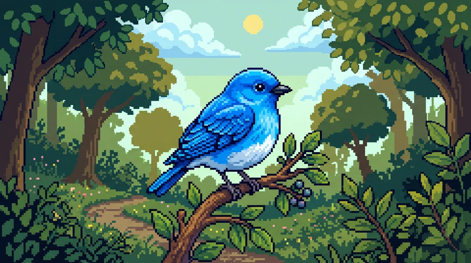 Pássaro azul em pixel art 2D.