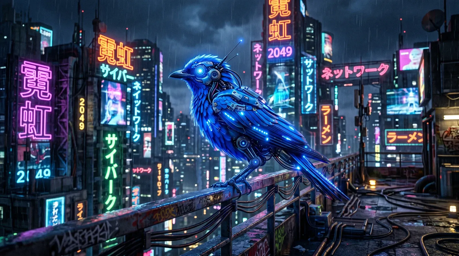 Pássaro azul em estilo cyberpunk neon.