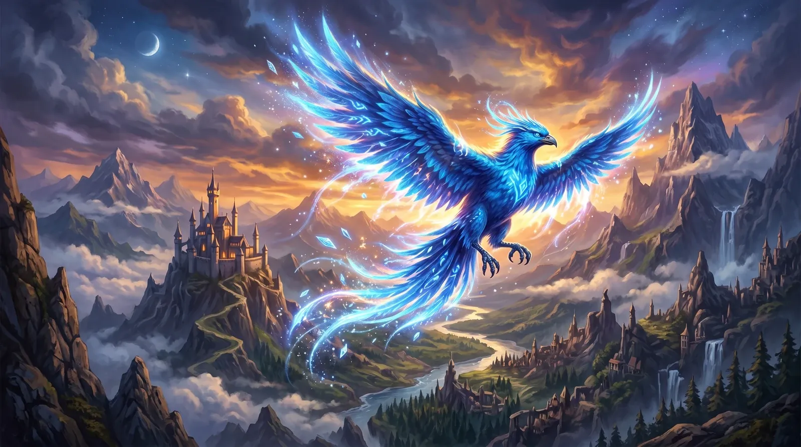 Pássaro azul em estilo epic fantasy.