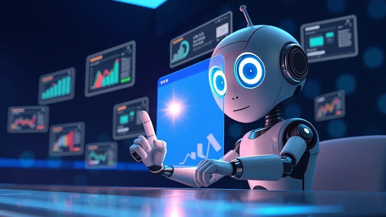 Agente robô Pixar 3D com expressão concentrada clicando com precisão em janelas de browser flutuantes com cursor gigante cintilante e luz elétrica azul
