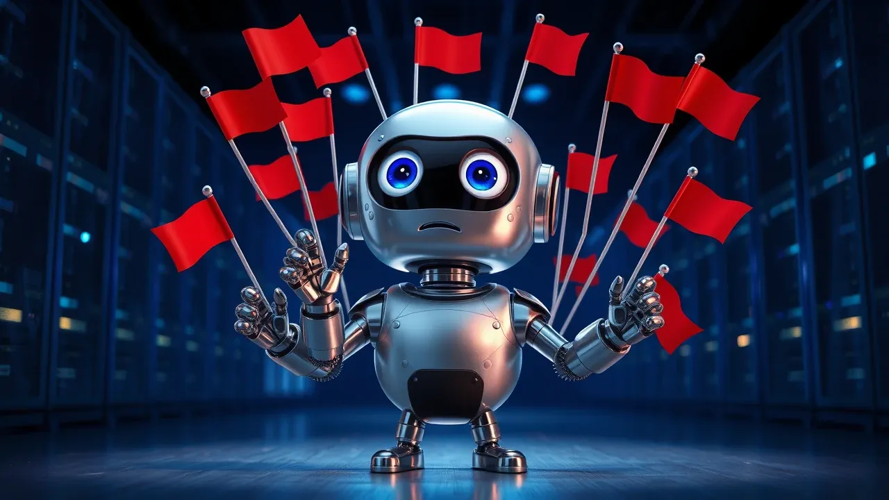 Robô agente de IA de chrome com sete bandeiras vermelhas emergindo de suas conexões, expressão de confusão teatral, Pixar 3D azul elétrico