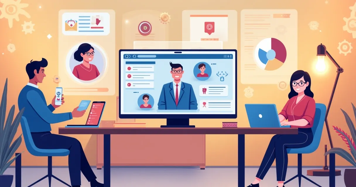 Ambiente de escritório moderno mostrando assistentes de IA ajudando com atendimento ao cliente e criação de conteúdo.