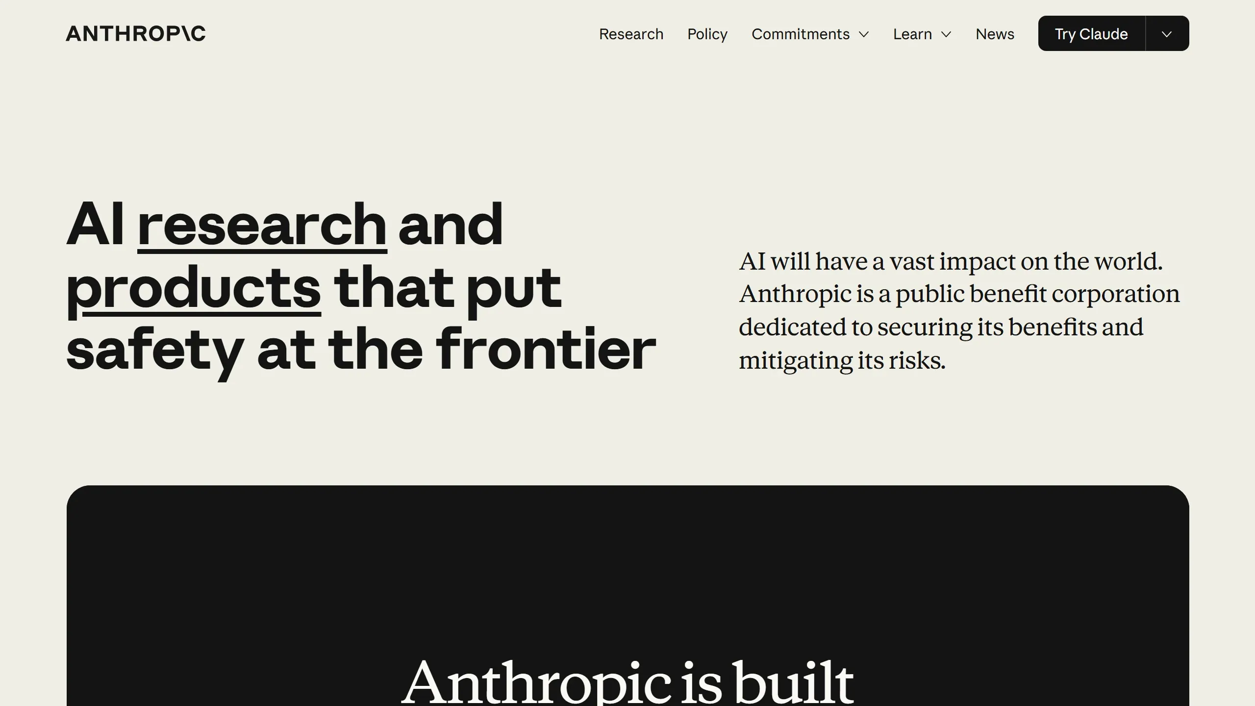 Home do site da Anthropic, criadora do Claude