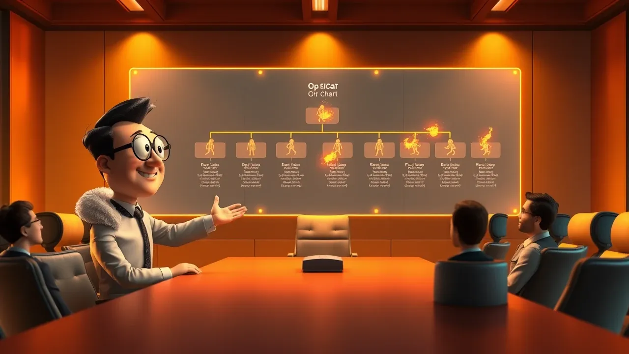 Sala de reunião com executivos Pixar discutindo reestruturação corporativa com gráficos holográficos em laranja