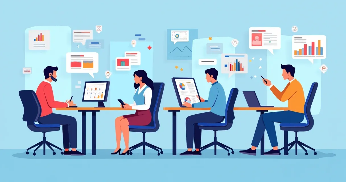 Ilustração mostrando aplicações de IA em atendimento ao cliente, marketing, vendas e recursos humanos.