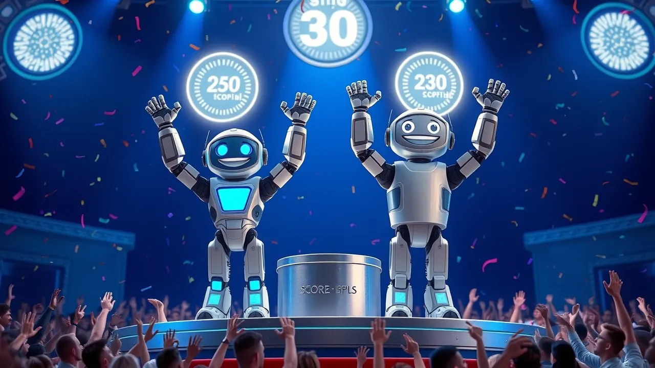 Dois robôs Pixar 3D em pódio de competição quase empatados com expressões triunfantes e confetes voando ao redor em luz azul elétrica dramática