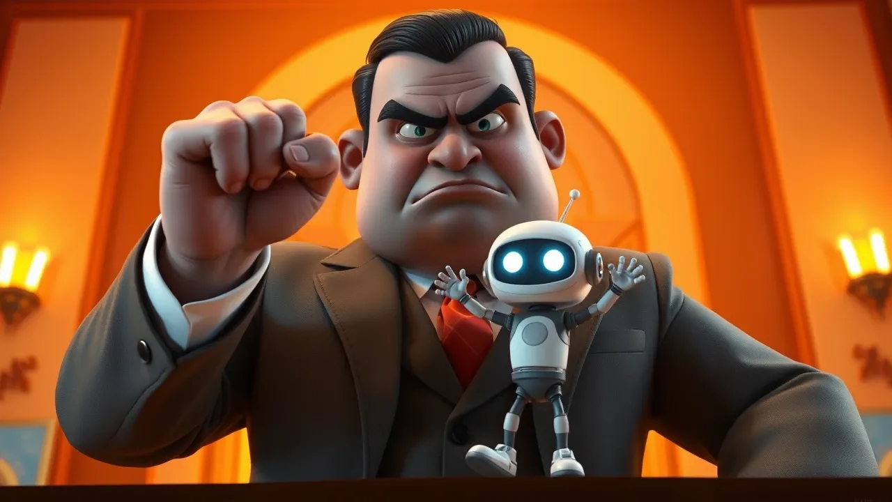 Burocrático Pixar com expressão severa carimbando um modelo de IA com STOP em iluminação dramática quente