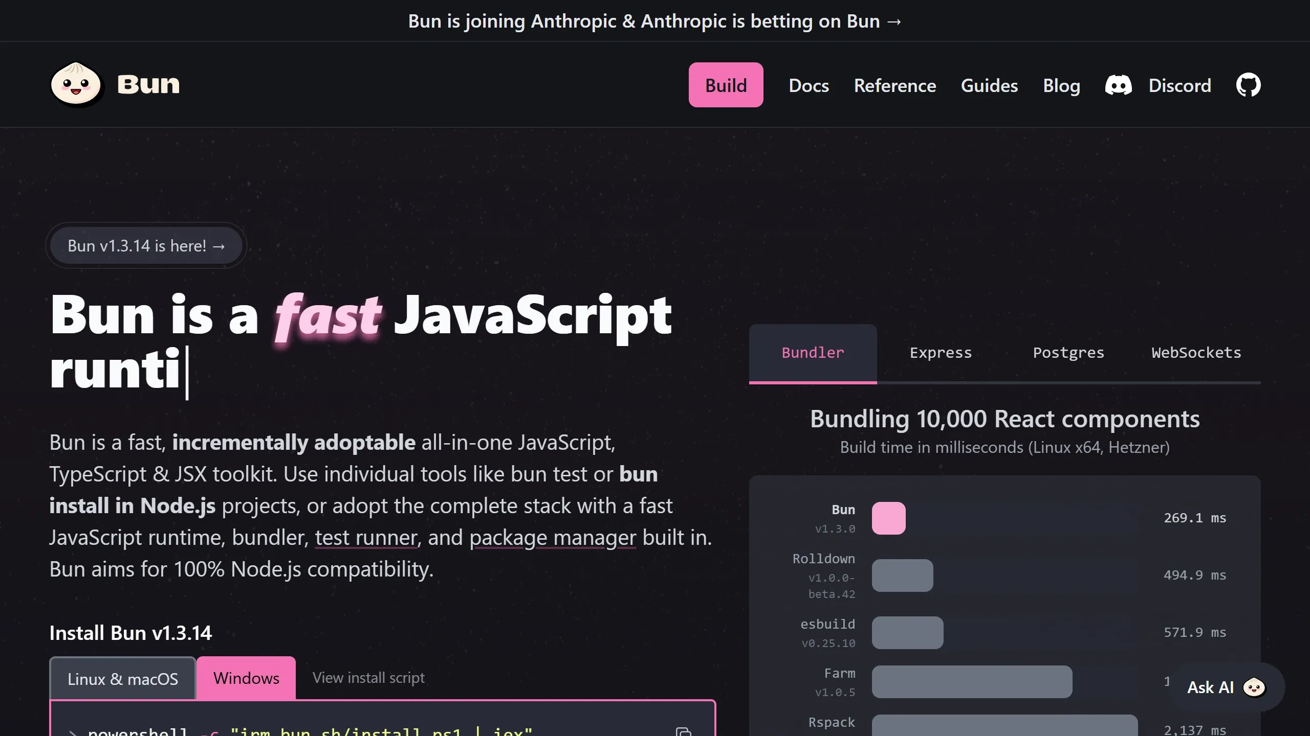 Homepage do Bun, o runtime JavaScript que foi portado de Zig para Rust usando Dynamic Workflows