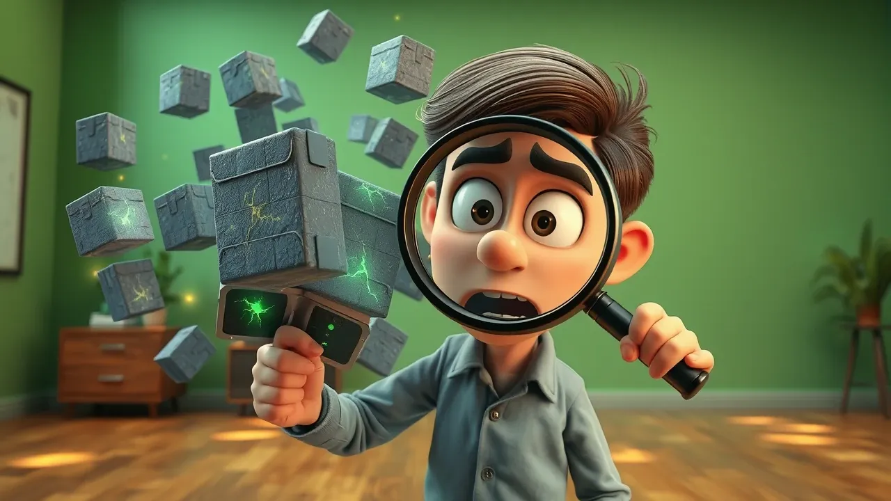 Interface de editor visual moderno com painéis de código e preview lado a lado, estilo Pixar 3D