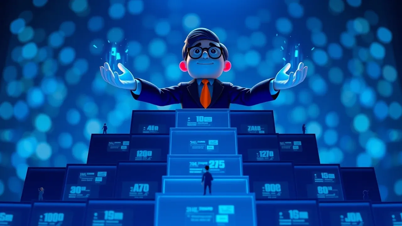Executivo cartoon Pixar no topo de organograma iluminado em blue elétrico, braços abertos recebendo fluxos de dados de todos os departamentos, cena dramática
