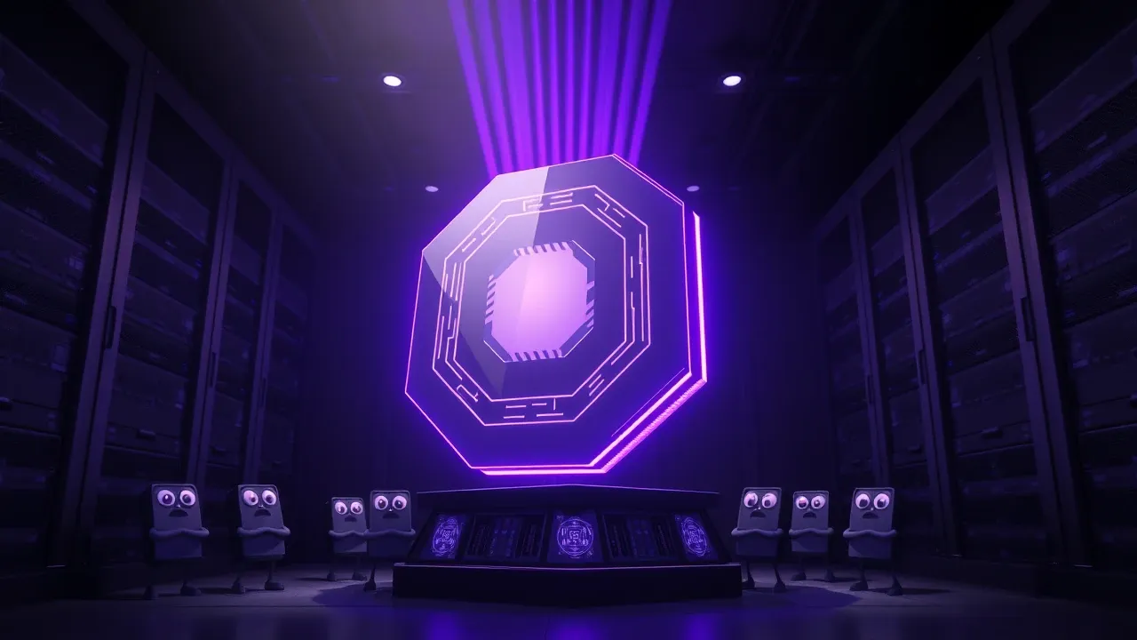 Chip ASIC gigante flutuando em sala de servidores com raios violeta, personagens GPU ao redor
