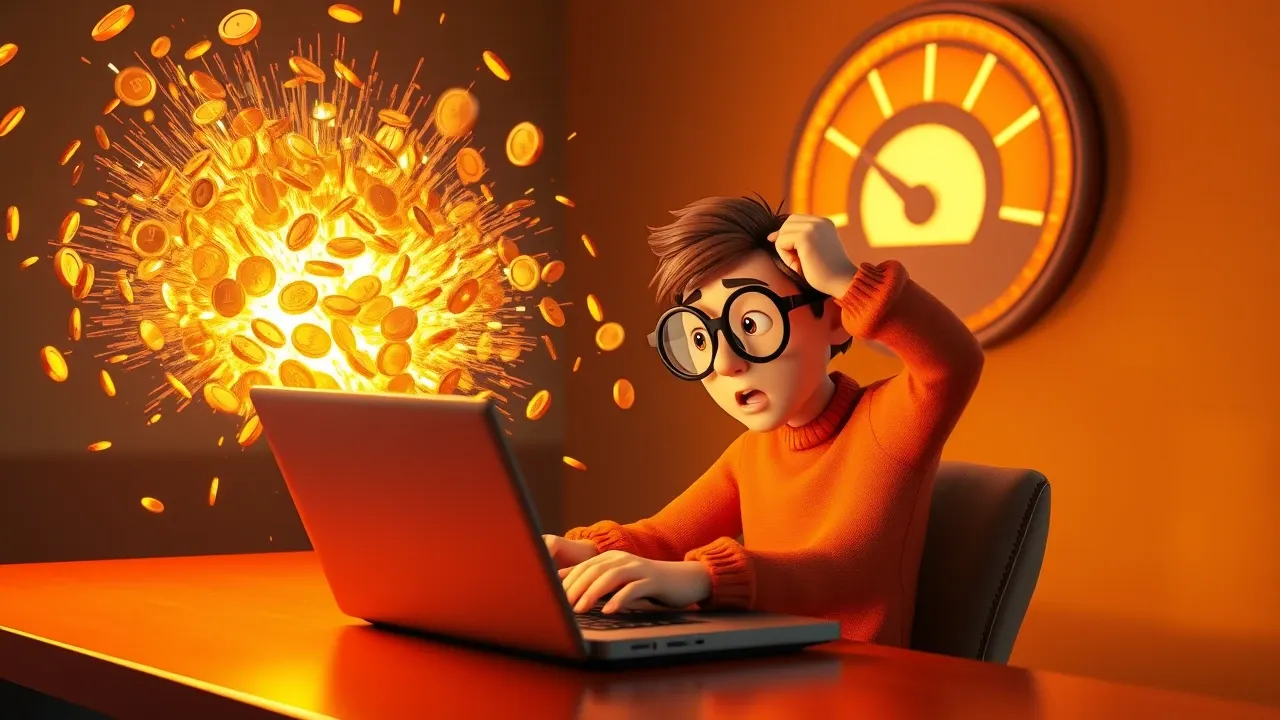Personagem Pixar 3D em ambiente de código com tokens explodindo ao redor em chamas âmbar