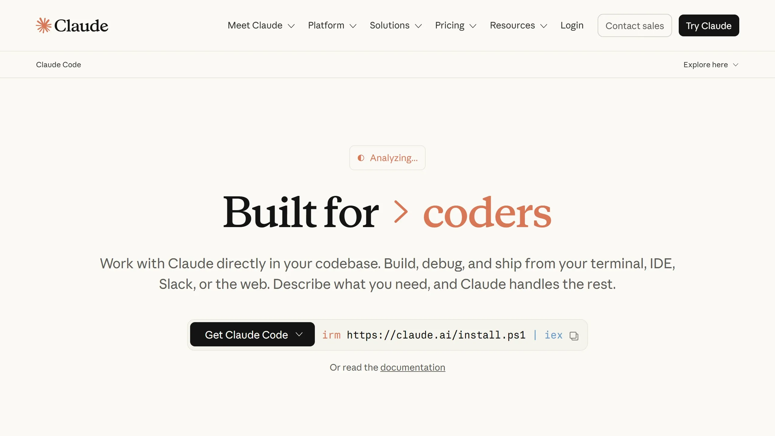 Homepage do Claude Code, a ferramenta agentic da Anthropic para criar com IA