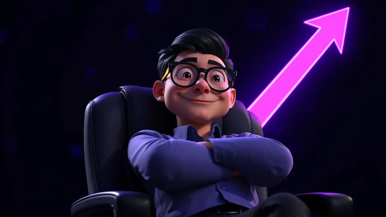 Personagem Pixar 3D com óculos redondos e sorriso confiante, sentado em cadeira executiva, rosto iluminado por telas holográficas com gráfico de crescimento explodindo, fundo carvão com acento violeta