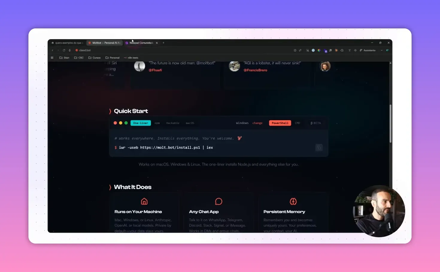 Seção Quick Start com comando de instalação