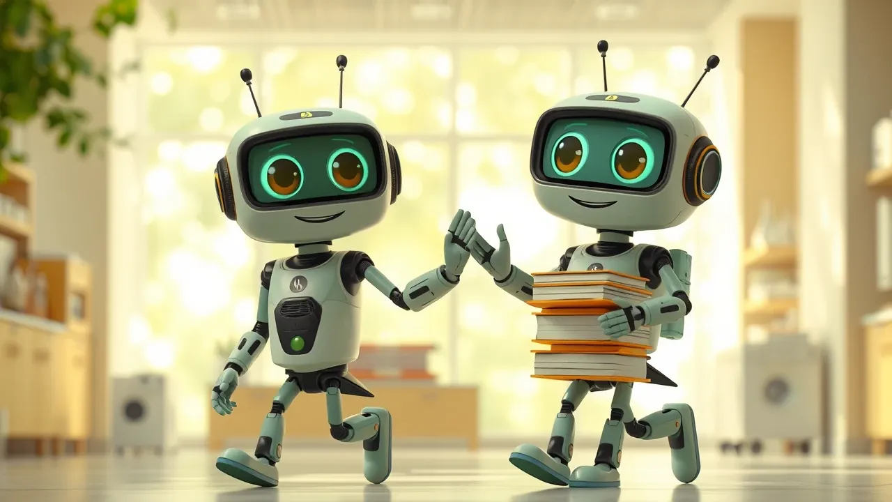 Dois parceiros AI cartoon Pixar caminhando juntos carregando pilha de pesquisas, expressões de colaboração, luz verde emerald, cena dramatizada