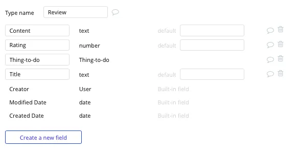 Criar app de viagens Tripadvisor - tipos de dados e campos
