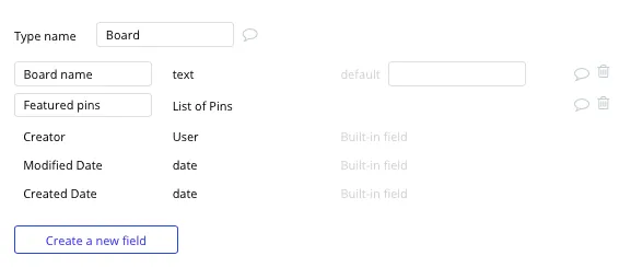 Site tipo Pinterest - Tipos de dados e campos