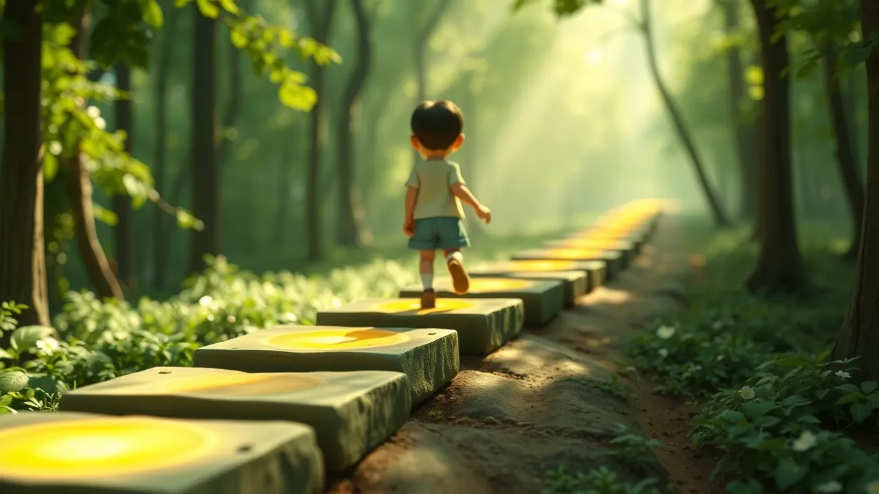 Mapa de jornada 3D com personagem Pixar seguindo caminho de cinco etapas iluminadas em verde esmeralda até chegada em destino de sucesso