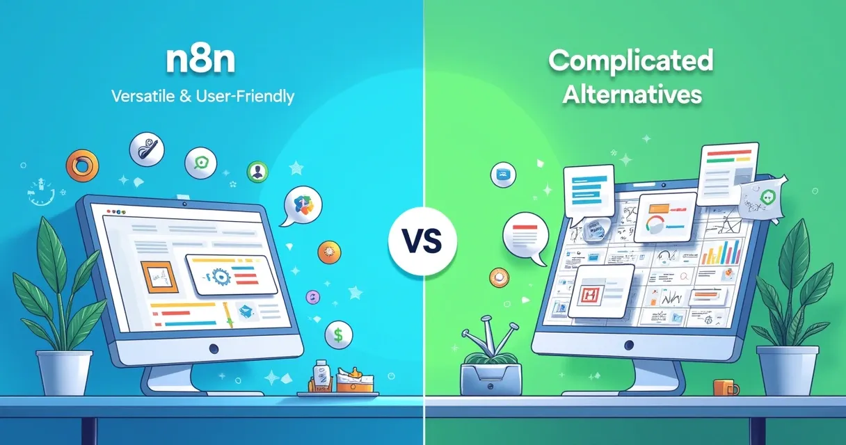 Ilustração comparativa entre n8n e outras ferramentas de automação em um ambiente digital moderno.