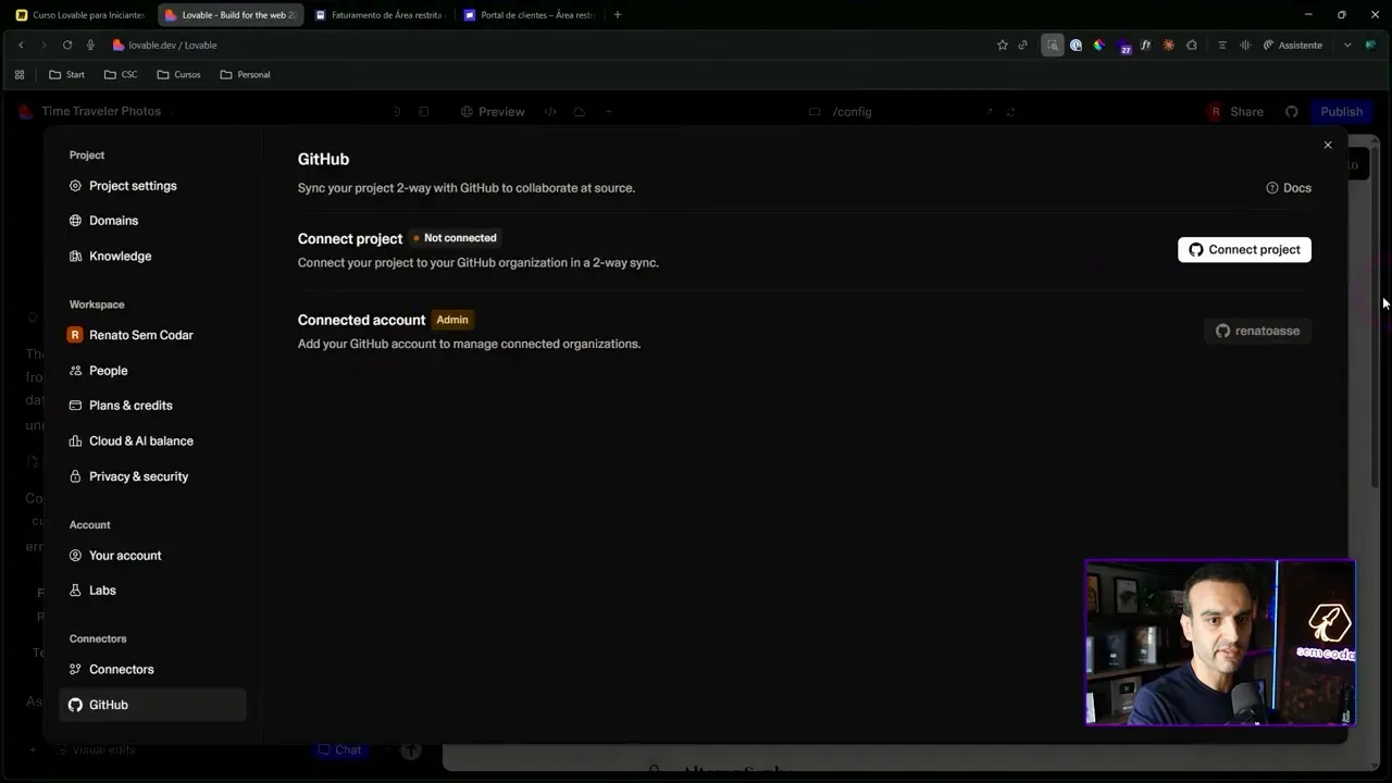 Tela de integração GitHub do Lovable mostrando a opção 'Connect project'