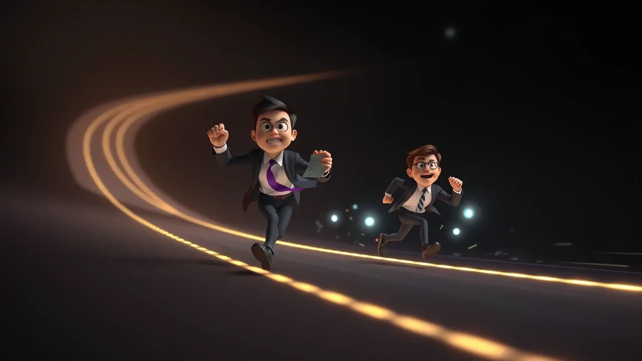 Três personagens Pixar 3D correndo dramaticamente numa pista abstrata, o da frente com luz violeta, expressões teatrais de determinação intensa, fundo carvão escuro com sombras fortes