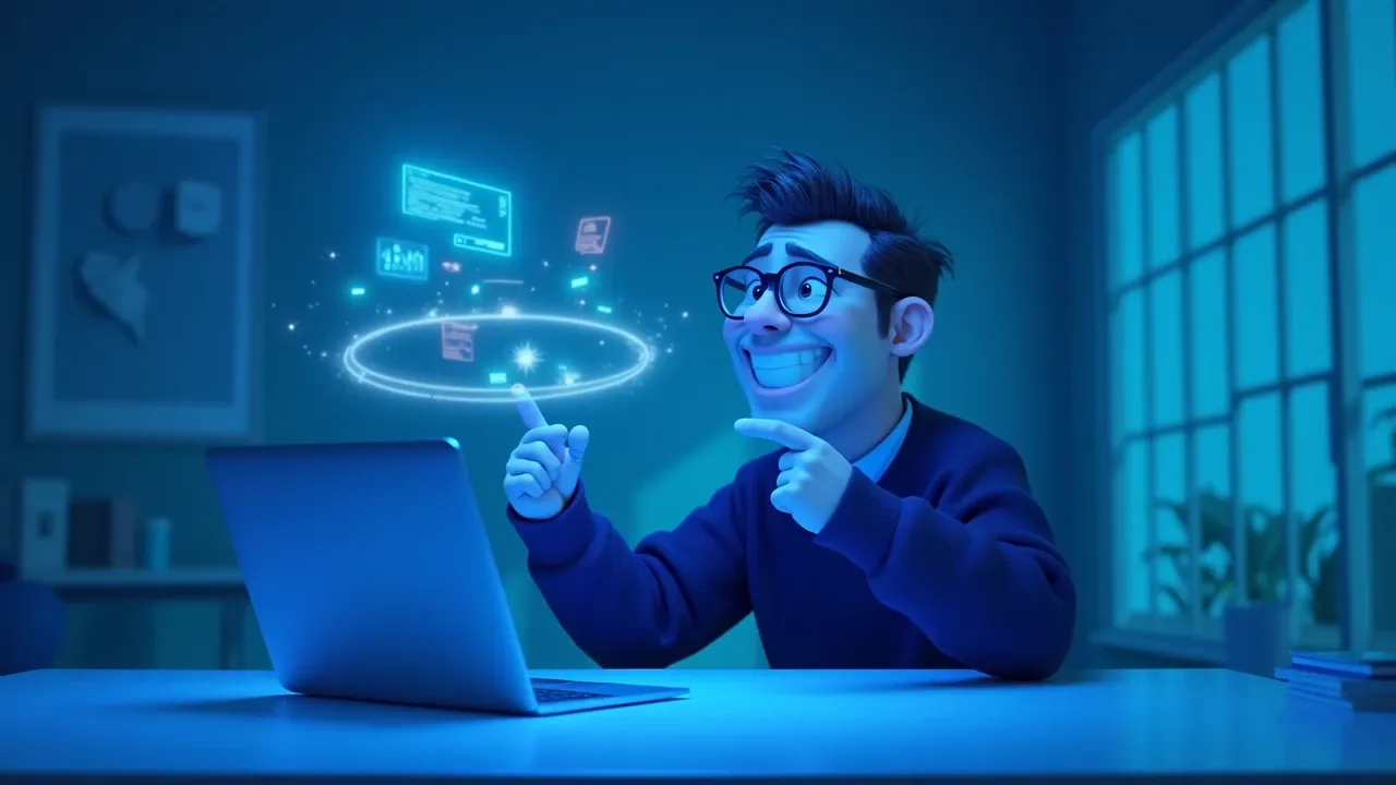 Personagem Pixar 3D de expressão confiante e postura aberta sentado diante de uma interface flutuante com componentes de produto digital em azul elétrico, exibindo um app completo, luz azul vinda da tela iluminando o rosto com satisfação