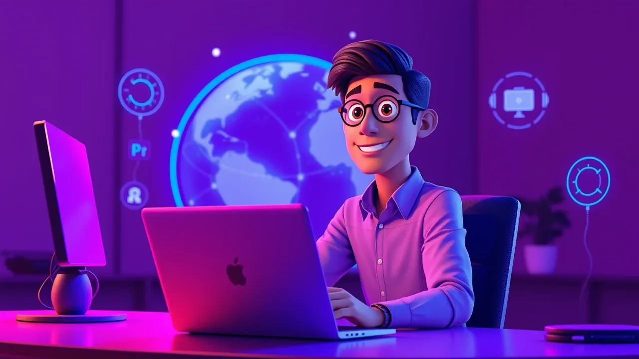 Empreendedor brasileiro cartoon estilo Pixar 3D sentado em mesa com laptop, interface de IA ao redor, globo terrestre ao fundo iluminado em violeta, expressão de confiança e foco