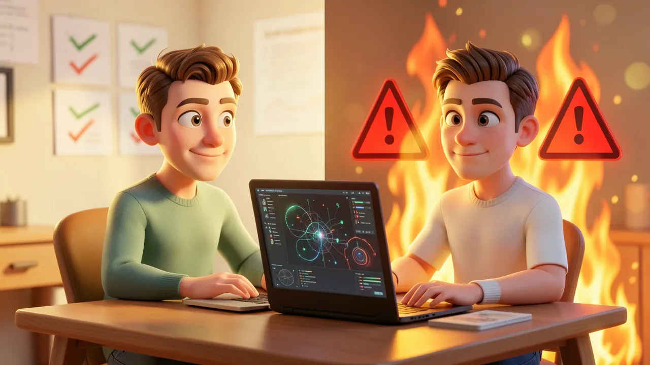 Empreendedor cartoon estilo Pixar 3D em mesa de trabalho criando post com laptop e interface de IA, um lado da tela mostra conteúdo rotulado corretamente e o outro mostra alerta vermelho, iluminação violeta cinematográfica