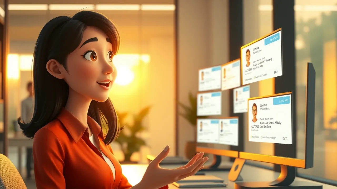 Ilustração de CRM sendo atualizado automaticamente após reunião no estilo Pixar 3D