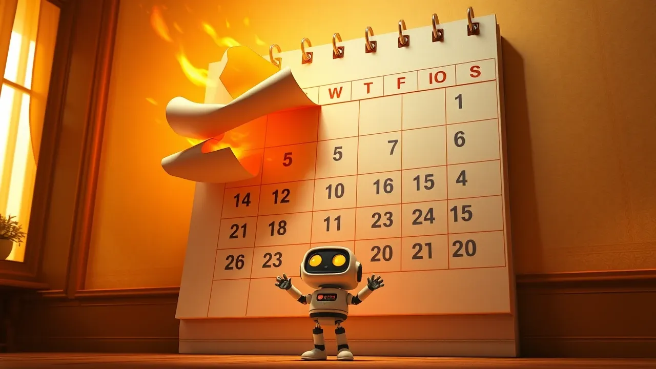 Calendário gigante com páginas voando em estilo Pixar dramático representando os 18 dias de bloqueio