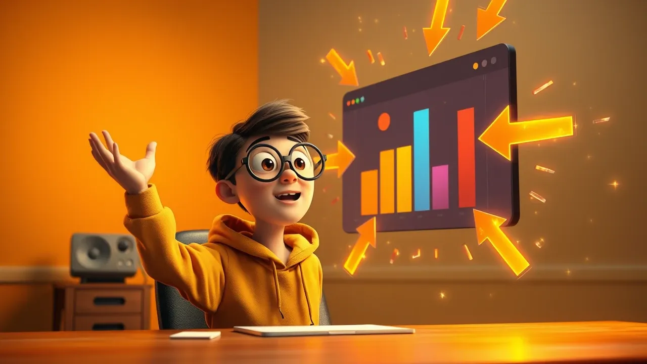 Personagem Pixar 3D em moletom amarelo, com óculos grandes, braços abertos olhando em surpresa pra uma tela flutuante com gráfico colorido, setas laranja ao redor