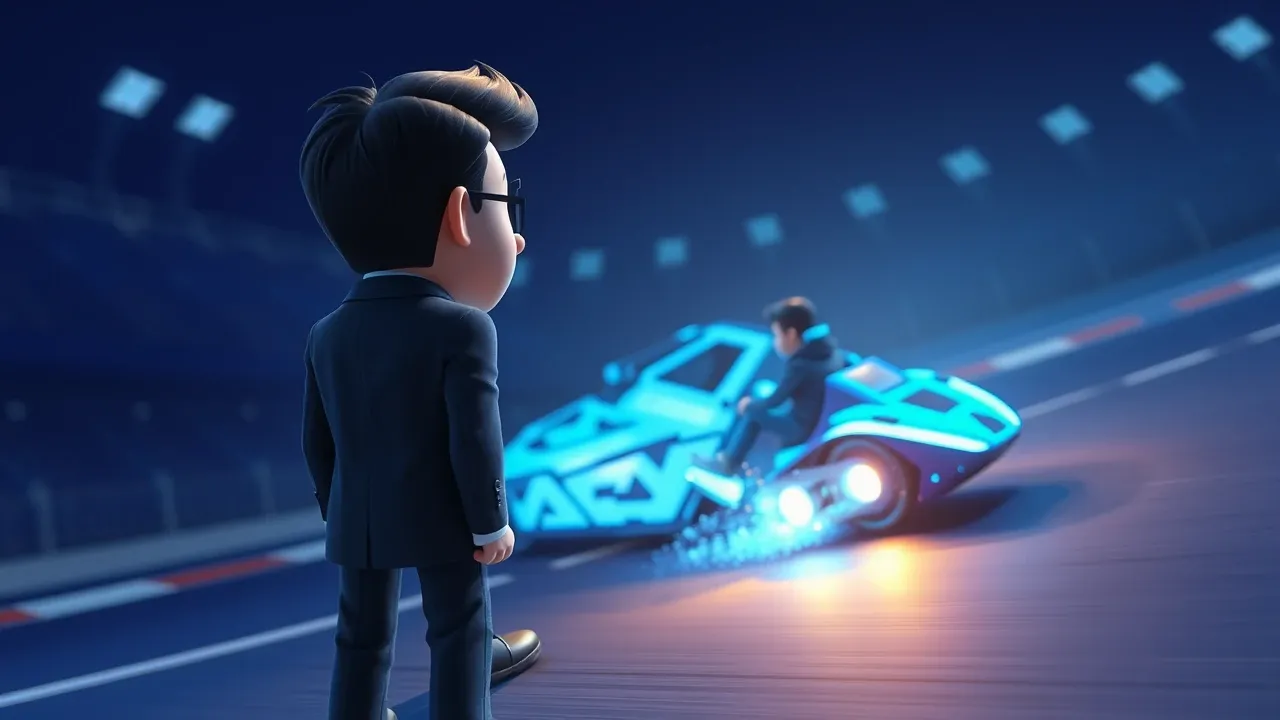 Executivo cartoon Pixar observando enquanto rival menor passa em velocidade num veículo de dados blue elétrico, expressão de urgência crescente, cena dramática