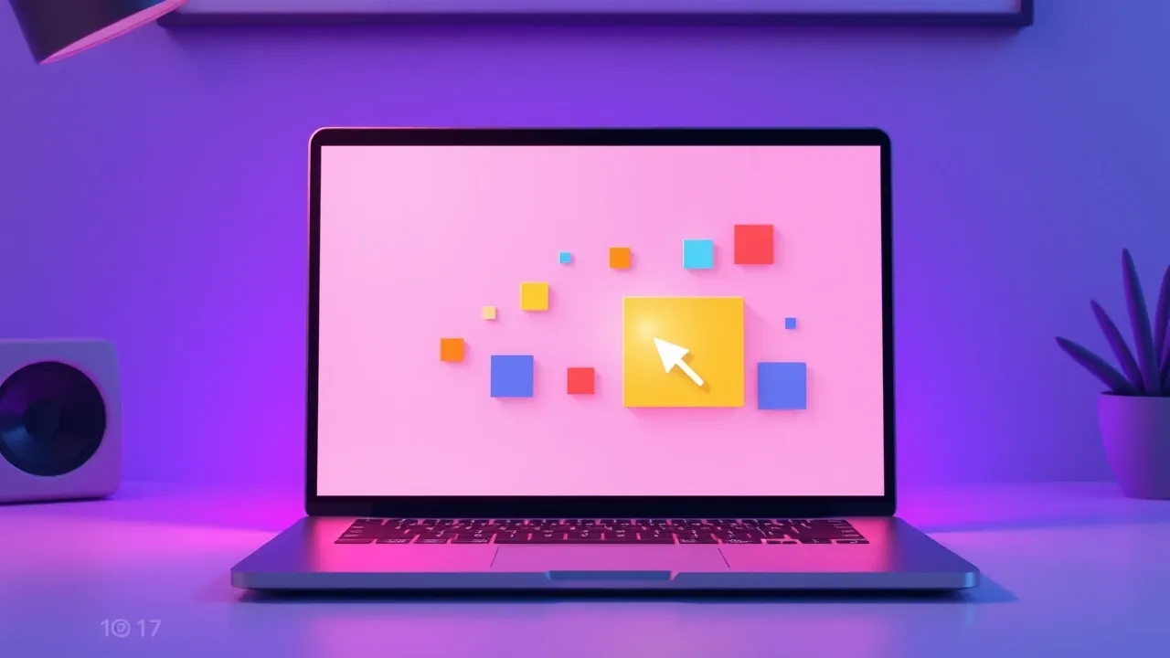 Laptop com interface de design de apresentação sendo formatada automaticamente por IA, com elementos coloridos se organizando na tela