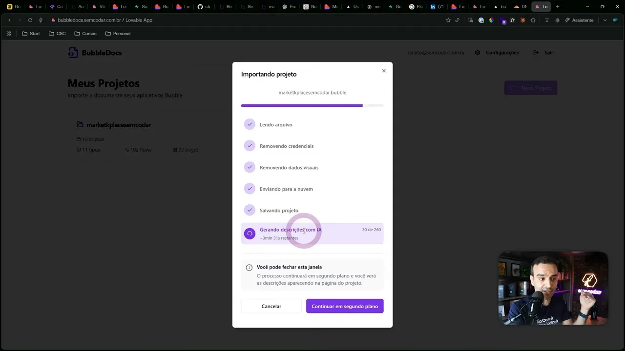 Status de importação e remoção de credenciais no BubbleDocs