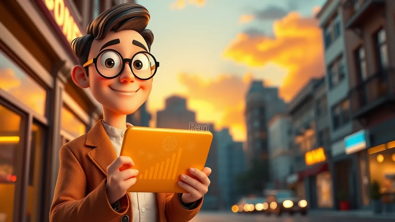 Dono de empresa Pixar confiante na frente do próprio negócio segurando tablet com gráficos de IA dourados subindo, sol nascendo ao fundo