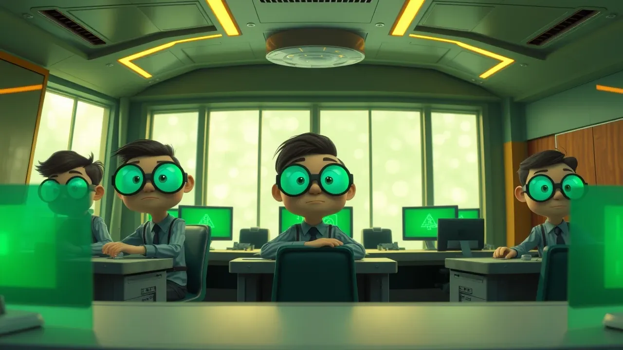 Grupo de personagens Pixar 3D com óculos redondos grandes em sala de operações governamental com monitores holográficos verdes