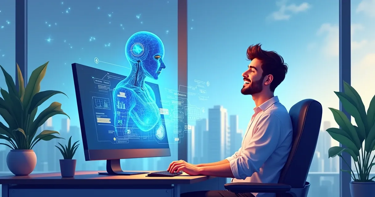 Escritório moderno com assistente de IA holográfico auxiliando funcionário humano em tarefas de negócios.