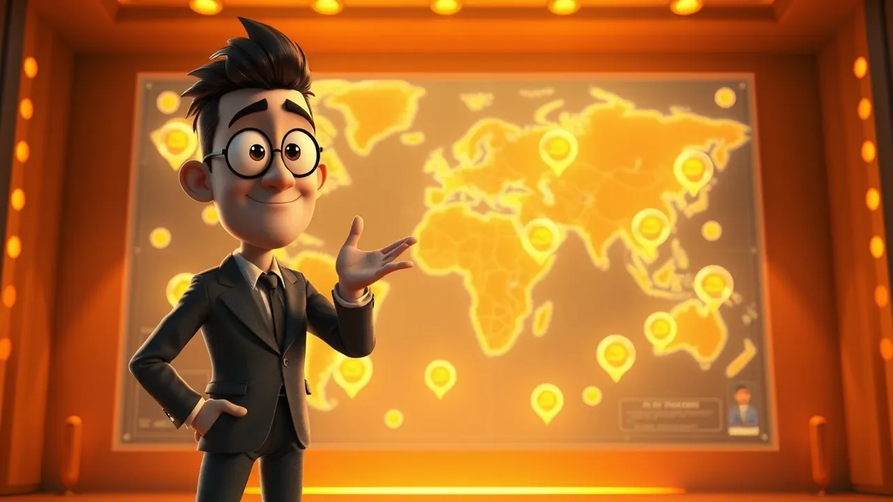 Empreendedor Pixar em postura estratégica diante de mapa com ícones de ferramentas de IA flutuando, luz quente dramática
