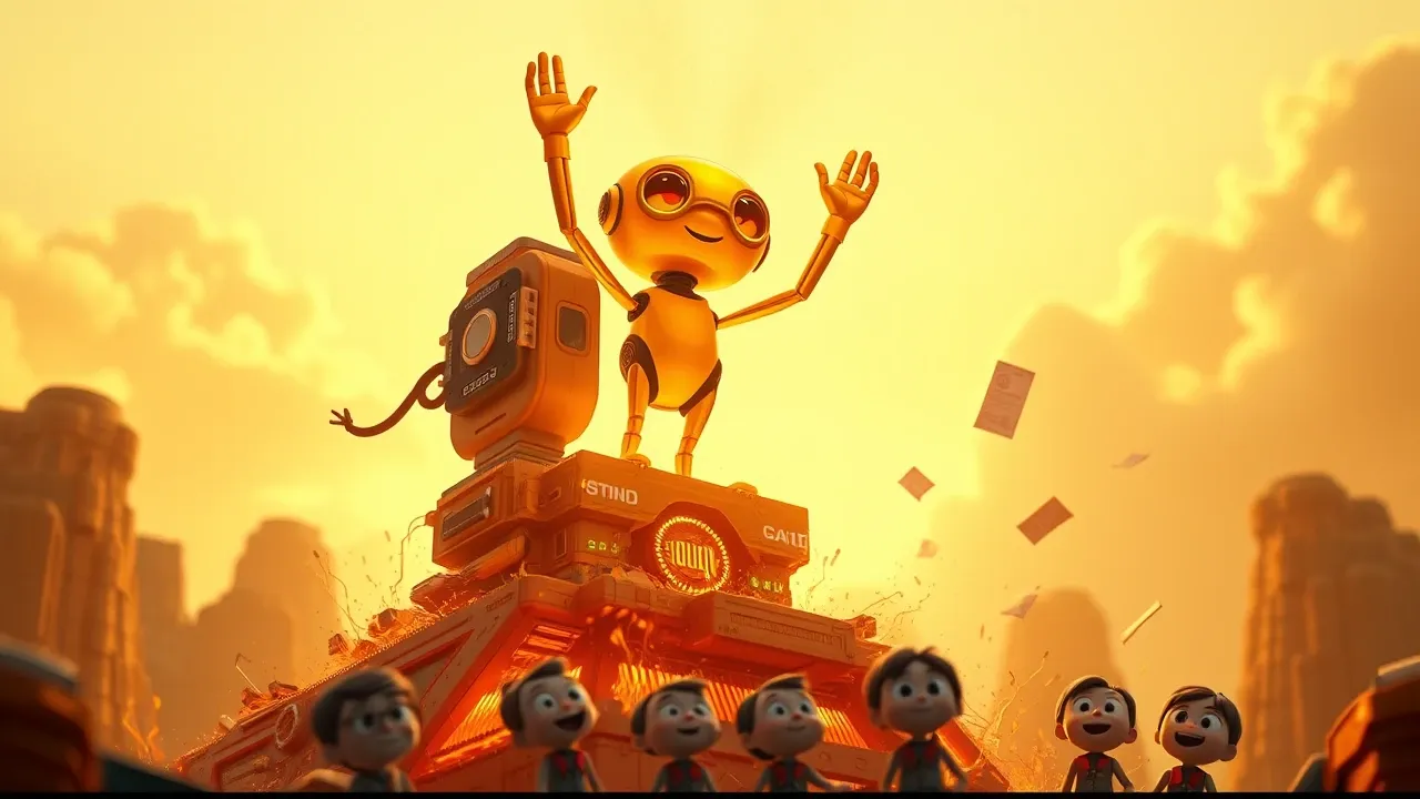 Personagem Pixar 3D representando um modelo de IA poderoso emergindo com chamas douradas ao redor em luz âmbar
