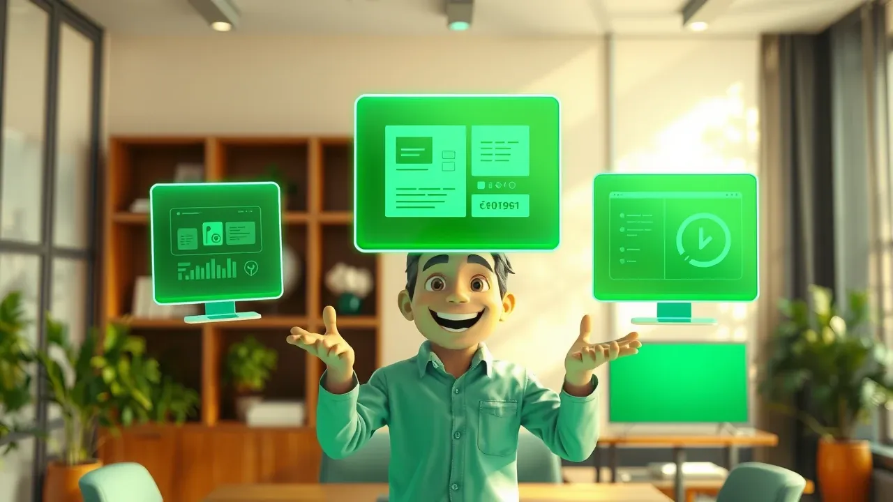Contador sorrindo diante de três telas holográficas genéricas com interfaces de software emerald