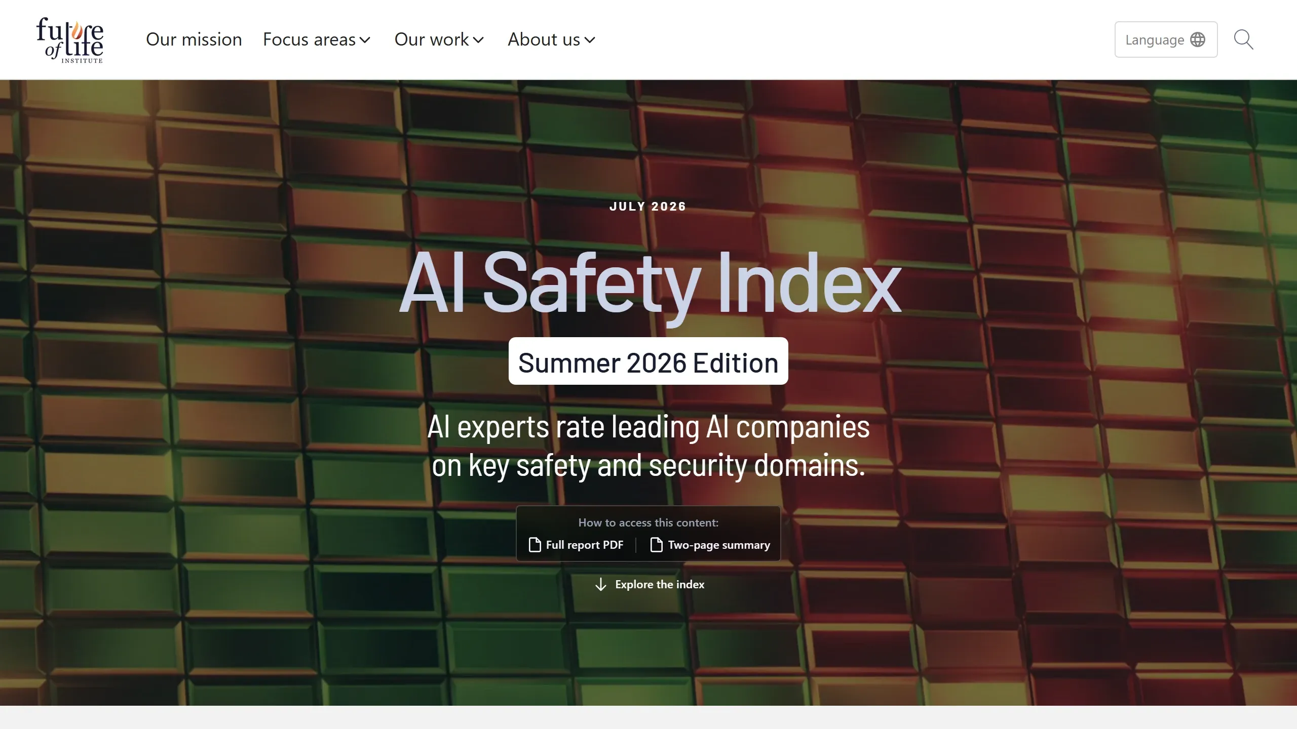 Print da página do AI Safety Index Summer 2026 no site do Future of Life Institute