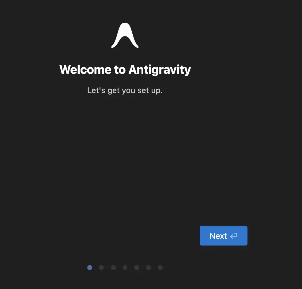 Tela de boas-vindas do Antigravity