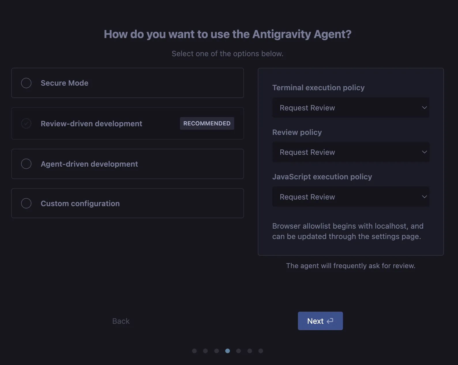 Tela de configuração de políticas do agente