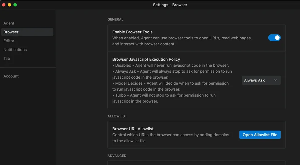 Configurações de Allowlist do navegador