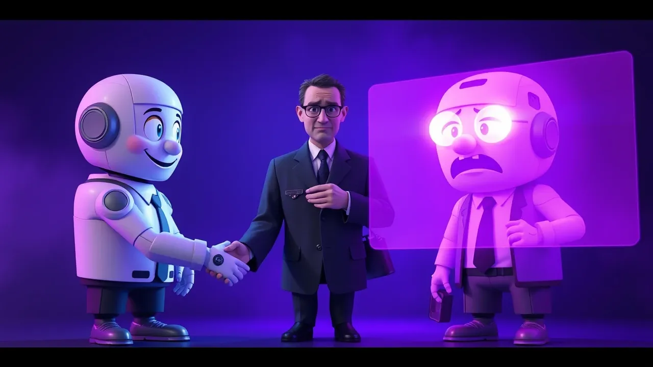Duas figuras cartoon estilo Pixar 3D, uma representando OpenAI negociando amigavelmente e outra representando Anthropic sendo bloqueada por uma barreira, composição lado a lado com iluminação violeta dramática